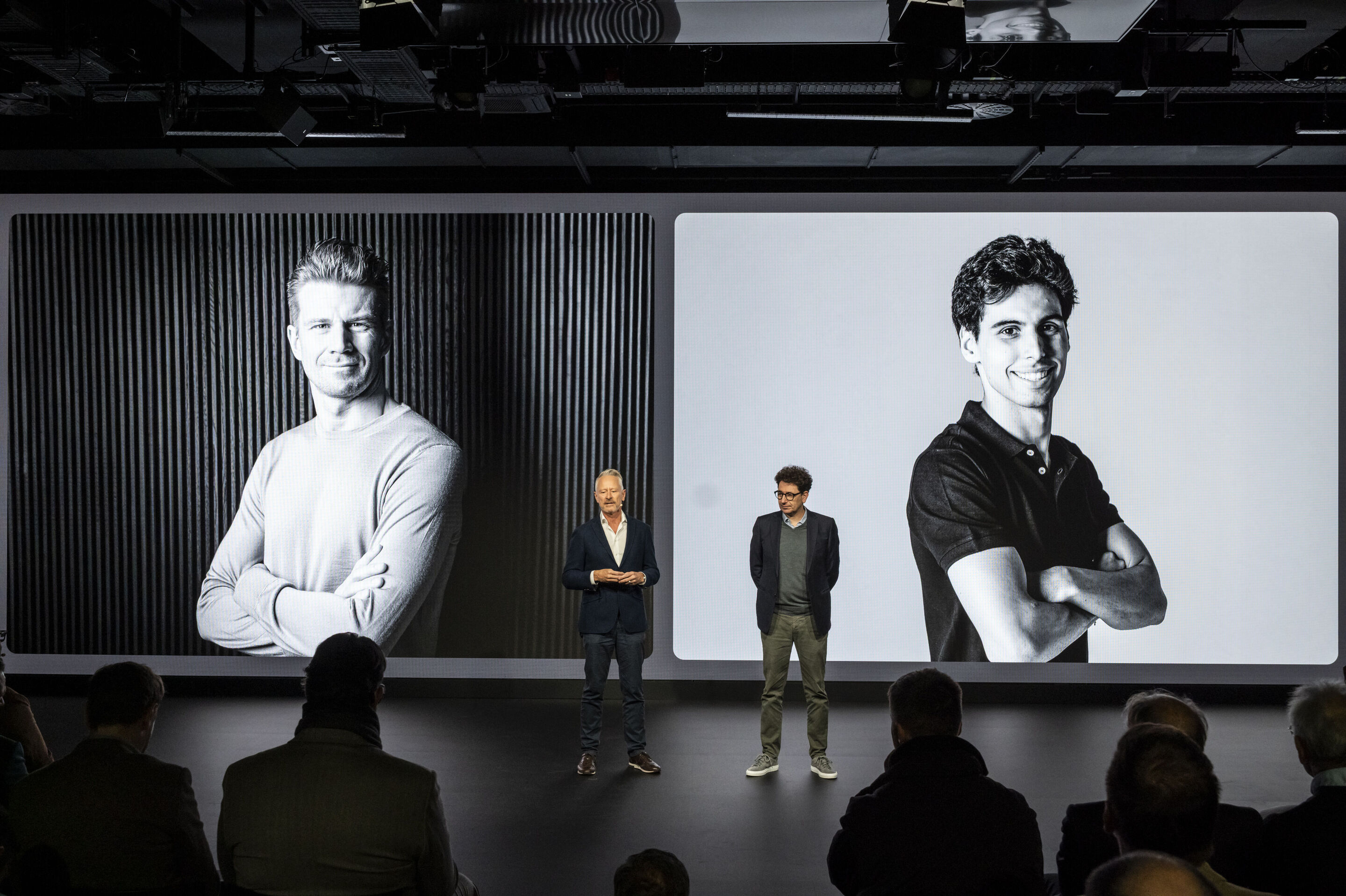 Audi unveils design for Formula 1 - Team Principal Jonathan Wheatley and Head of Audi F1 Project Mattia Binotto at the reveal event “Audi One” in Munich, November 12, 2025 (from left)