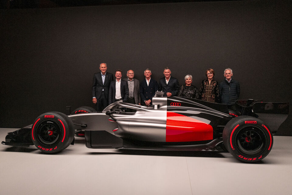Audi unveils design for Formula 1 - Hans-Joachim Stuck, Allan McNish, Stig Blomqvist, Dindo Capello, Tom Kristensen, Michèle Mouton, Fabrizia Pons and Harald Demuth at the reveal event “Audi One” in Munich, November 12, 2025 (from left)