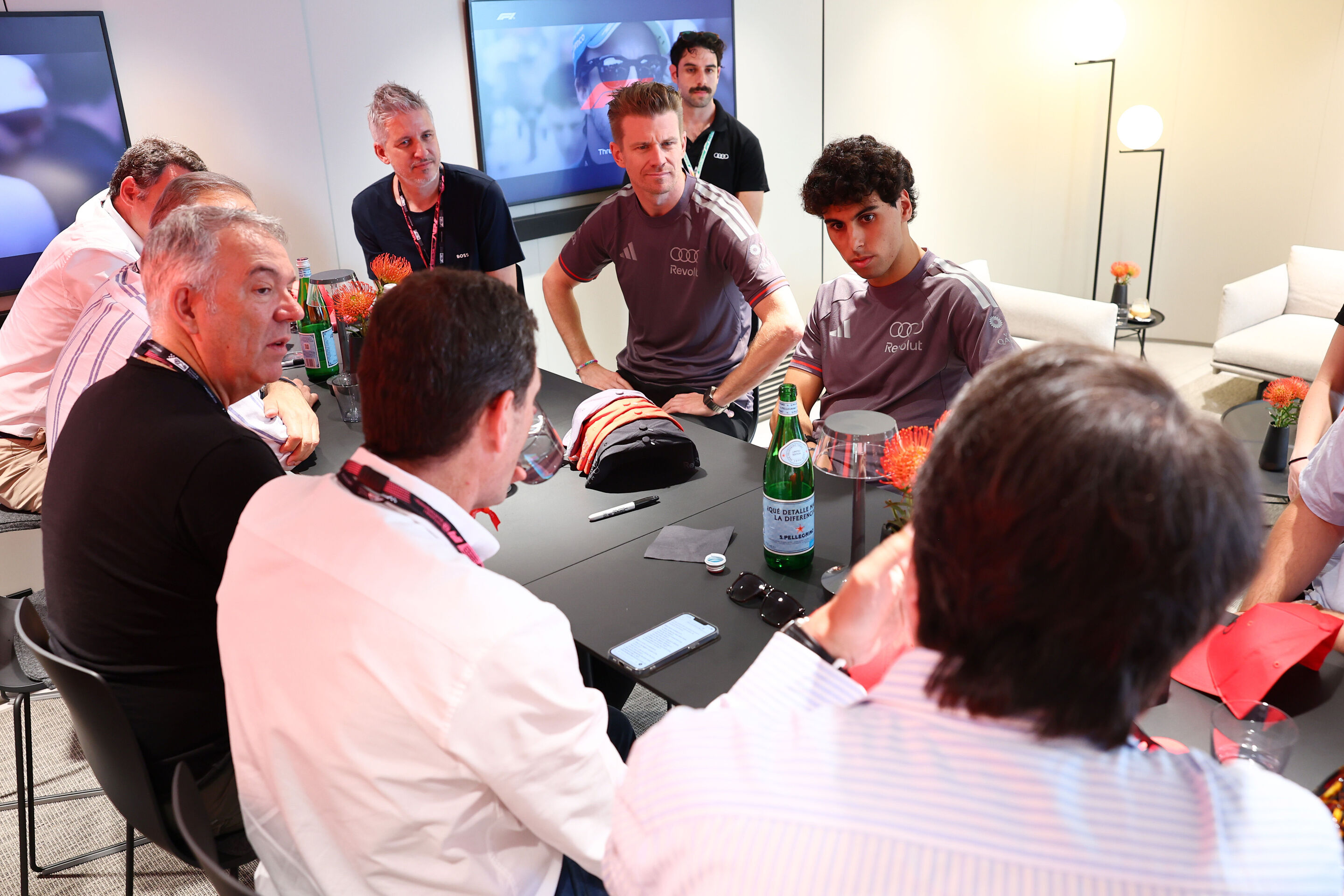 2026 Grand Prix de Barcelona - Guests - BARCELONA, SPAIN - JUNE 13: Nico Hulkenberg of Germany and Audi F1 Team and Gabriel Bortoleto of Brazil and Audi F1 Team talk with guests prior to final practice ahead of the F1 Grand Prix of Barcelona-Catalunya...