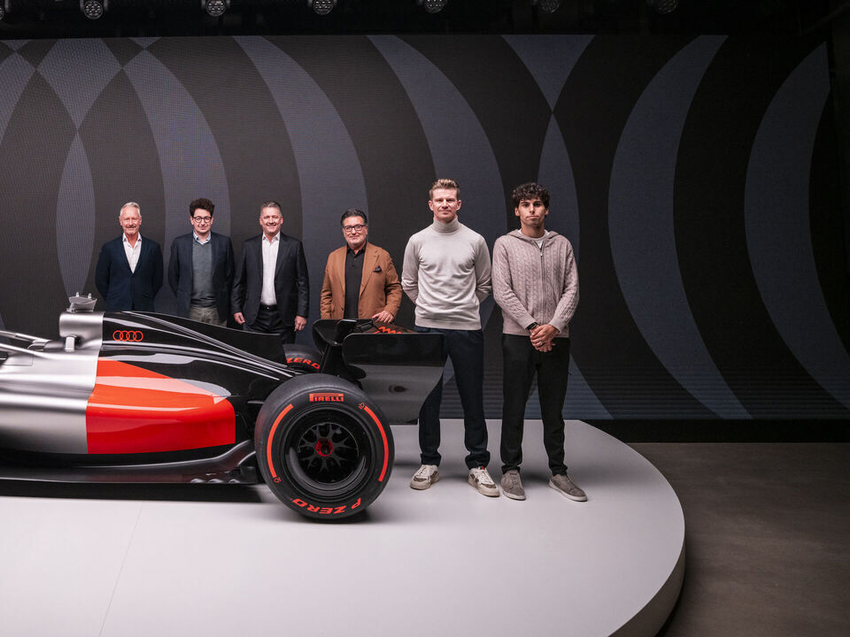 Audi unveils design for Formula 1 - Team Principal Jonathan Wheatley, Head of Audi F1 Project Mattia Binotto, Audi CEO Gernot Döllner, Chief Creative Officer Massimo Frascella as well as guests Nico Hülkenberg and Gabriel Bortoleto at the reveal event...