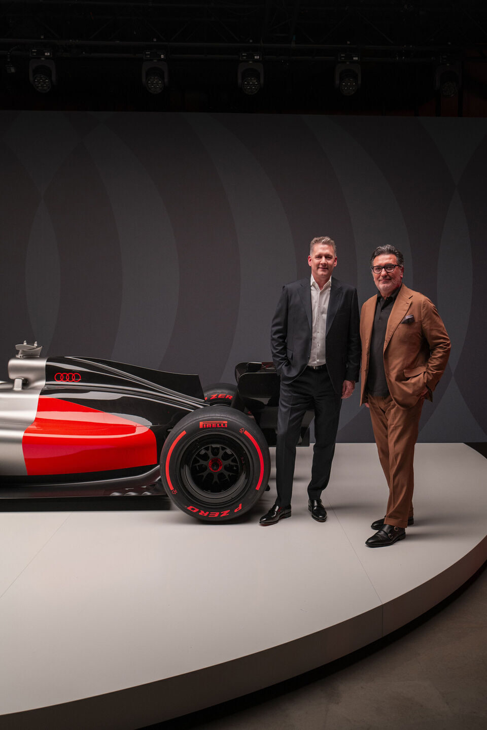 Audi unveils design for Formula 1 - Audi CEO Gernot Döllner (left) and Chief Creative Officer Massimo Frascella at the reveal event “Audi One” in Munich, November 12, 2025