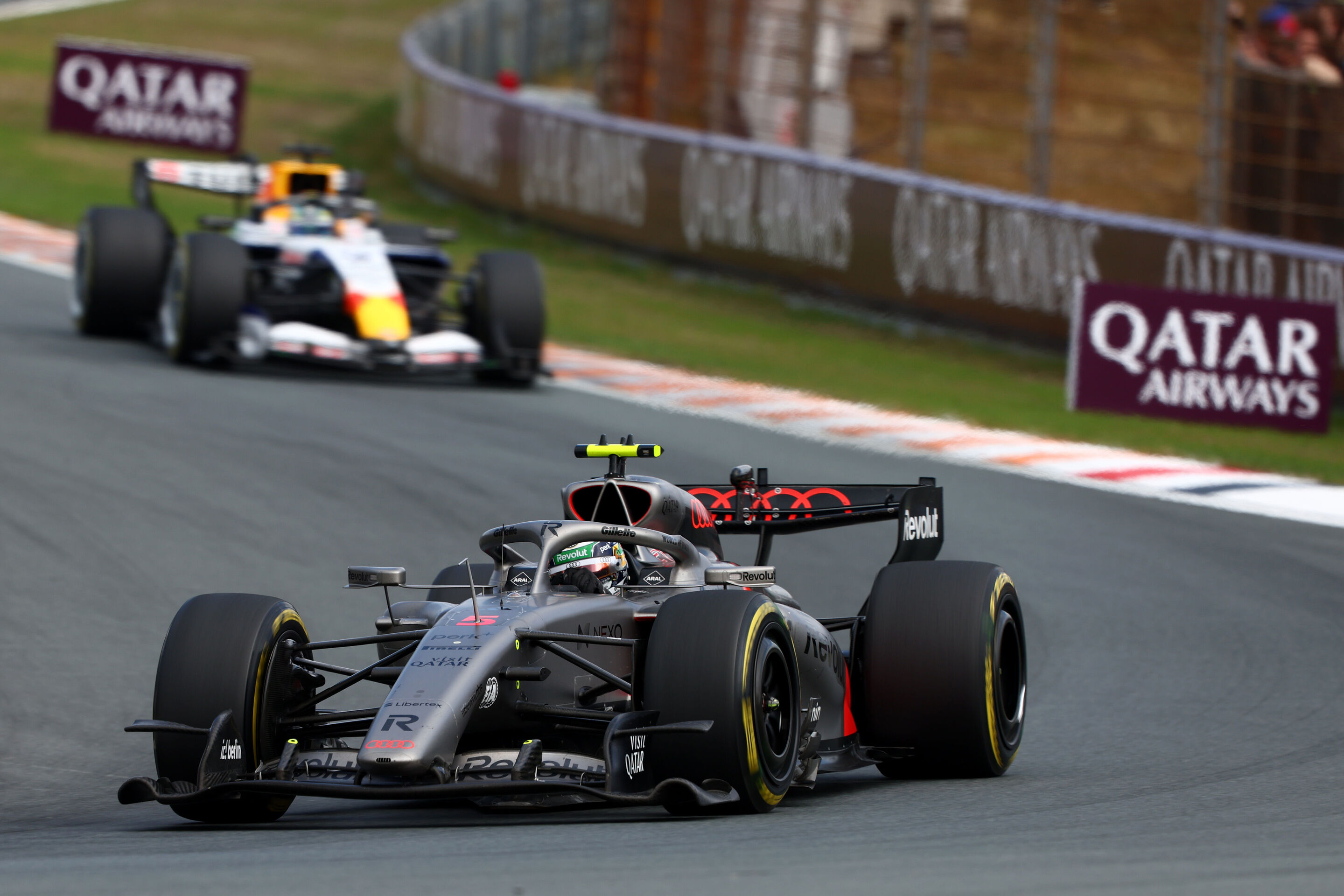 2026 Dutch Grand Prix - Saturday - ZANDVOORT, NETHERLANDS - AUGUST 22: Gabriel Bortoleto of Brazil driving the (5) Audi F1 Team R26 on track during the Sprint ahead of the F1 Grand Prix of Netherlands at Circuit Zandvoort on August 22, 2026 in Zandvoort,...