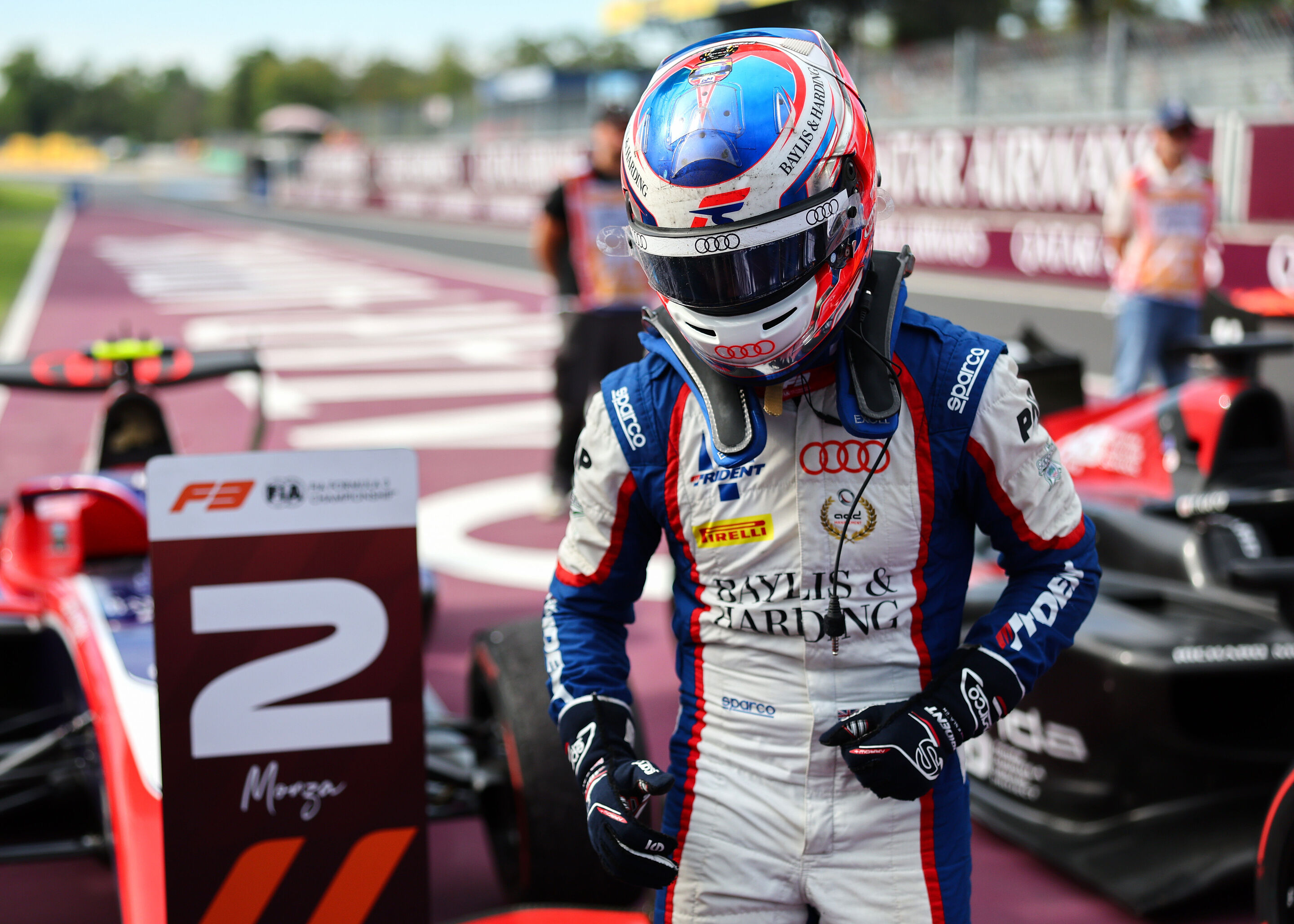 2026 Italian Grand Prix - F3 - MONZA, ITALY - SEPTEMBER 05: Second placed Freddie Slater of Great Britain and TRIDENT (5) and Audi F1 Team in parc ferme during the Round 8 Monza Sprint race of the Formula 3 Championship at Autodromo Nazionale Monza on...