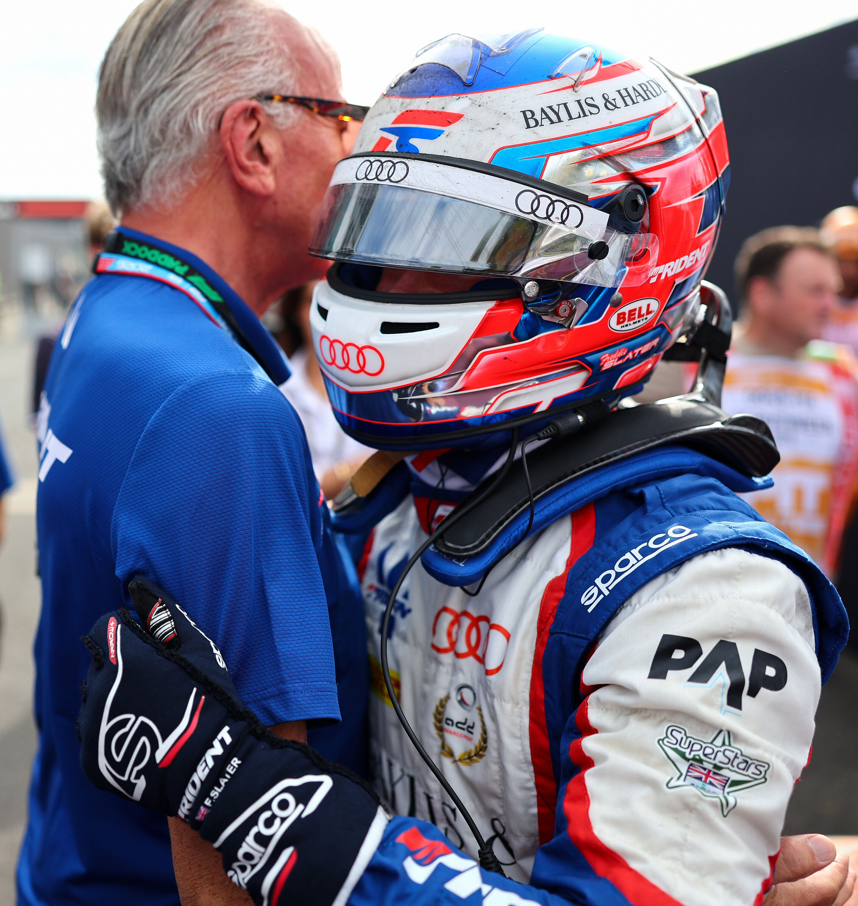 2026 Italian Grand Prix - F3 - MONZA, ITALY - SEPTEMBER 05: Second placed Freddie Slater of Great Britain and TRIDENT (5) and Audi F1 Team celebrates with his teammate in parc ferme during the Round 8 Monza Sprint race of the Formula 3 Championship at...