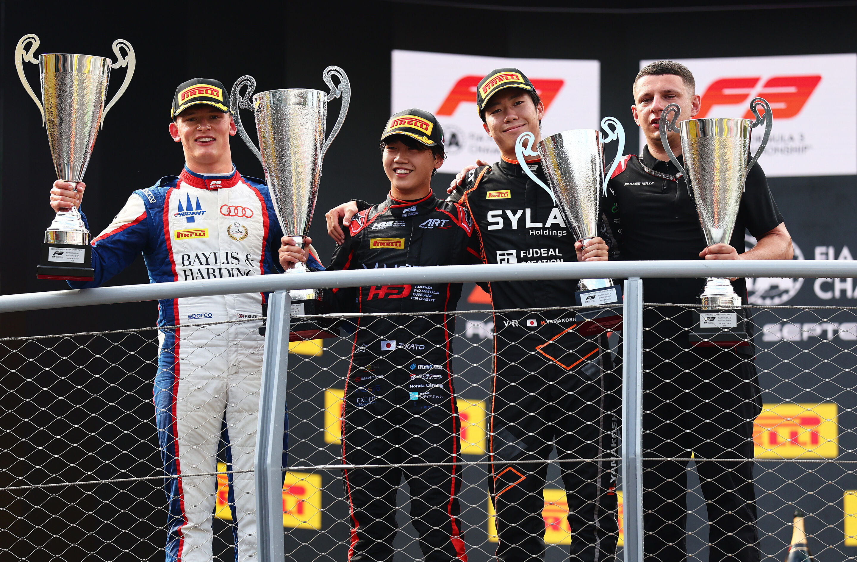 2026 Italian Grand Prix - F3 - MONZA, ITALY - SEPTEMBER 05: Race winner Taito Kato of Japan and ART Grand Prix (10), Second placed Freddie Slater of Great Britain and TRIDENT (5) and Audi F1 Team, Third placed Hiyu Yamakoshi of Japan and Van Amersfoort...