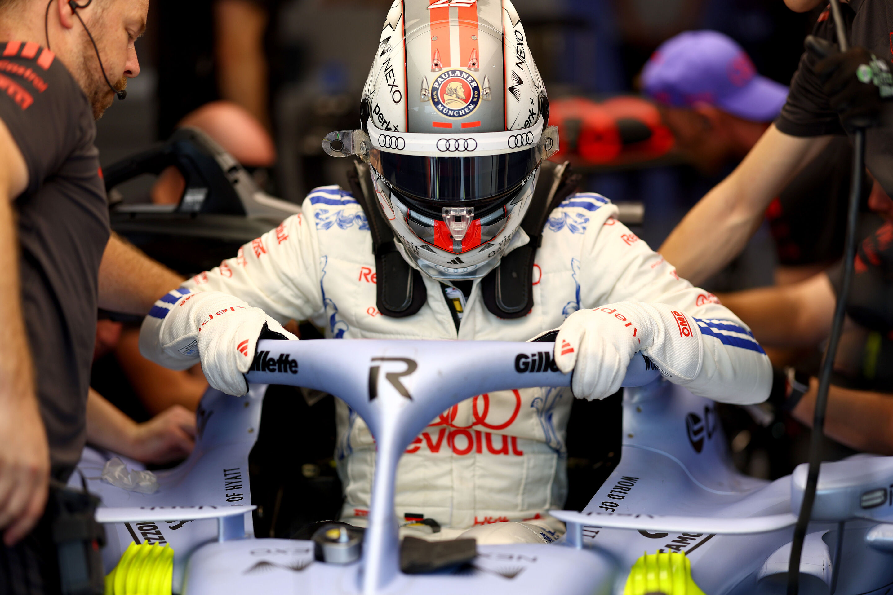 F1 Grand Prix Of Singapore - Practice & Sprint Qualifying - SINGAPORE, SINGAPORE - OCTOBER 09: Nico Hulkenberg of Germany and Audi F1 Team prepares to drive during practice ahead of the F1 Grand Prix of Singapore at Marina Bay Street Circuit on October...