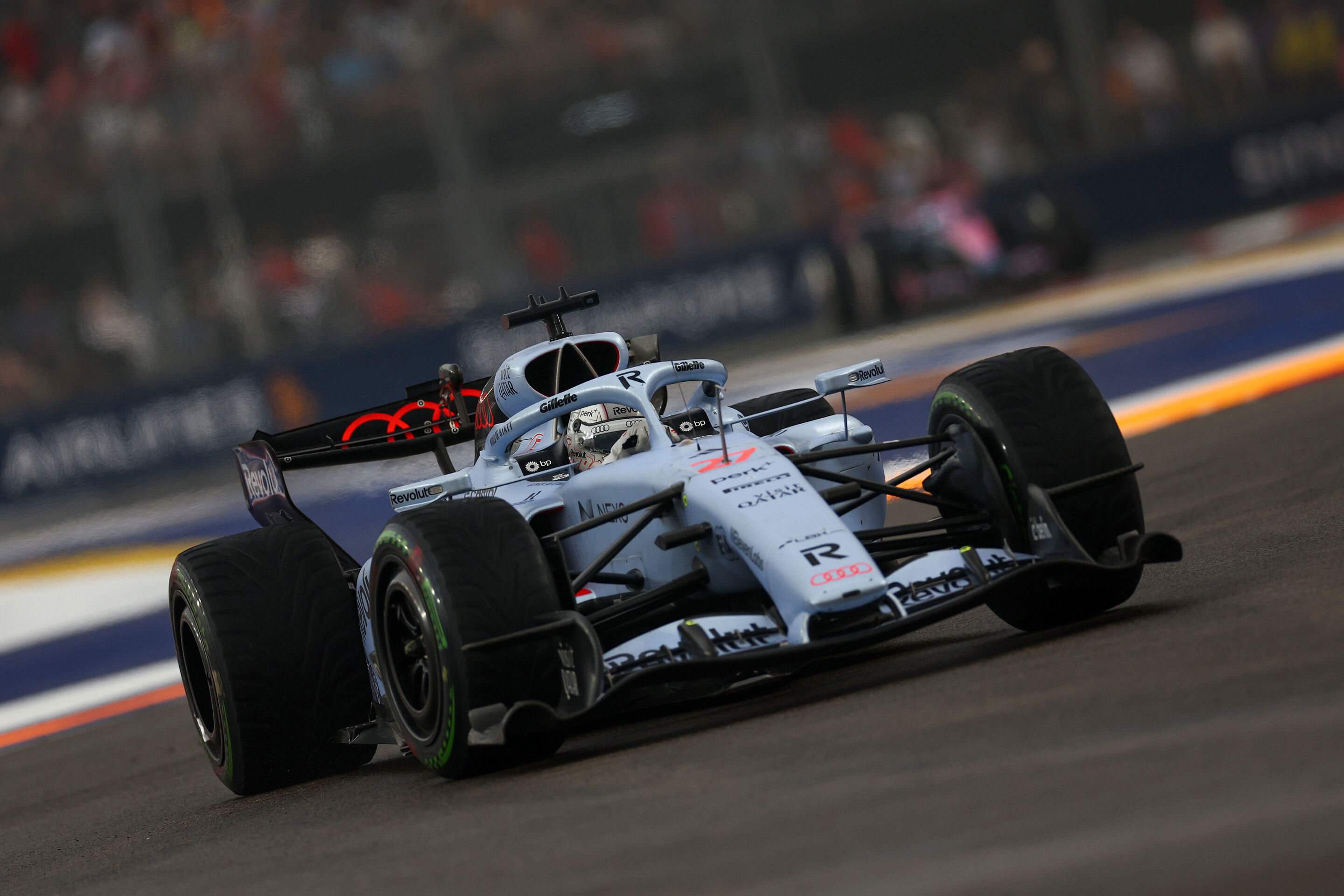 F1 Grand Prix Of Singapore - Sprint & Qualifying - SINGAPORE, SINGAPORE - OCTOBER 10: Nico Hulkenberg of Germany driving the (27) Audi F1 Team R26 on track during the Sprint ahead of the F1 Grand Prix of Singapore at Marina Bay Street Circuit on October...