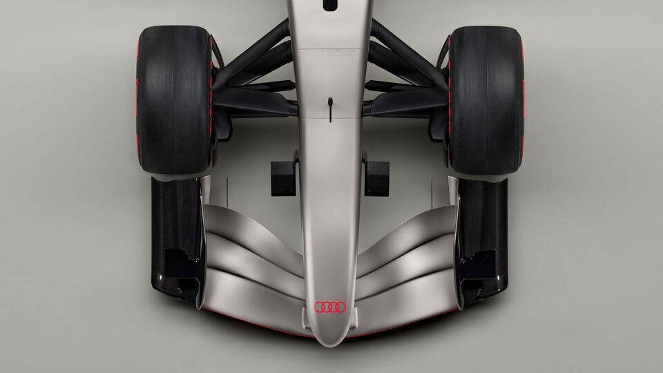 Audi R26 Concept - Indoor studio shot, exterior, bird’s-eye view, detail of wheel suspension, nose, and front wing