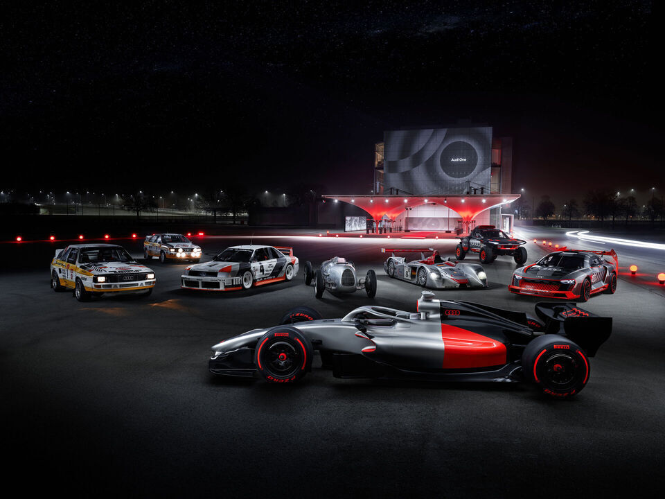 Motorsport legends welcome the Audi R26 Concept - Event “Audi One” in Munich, November 12, 2025. Pictured (from left to right): Audi Sport quattro Rallye S1, Audi quattro Rallye A2, Audi 90 quattro IMSA GTO, Audi R26 Concept, Auto Union Typ C, Audi R8...