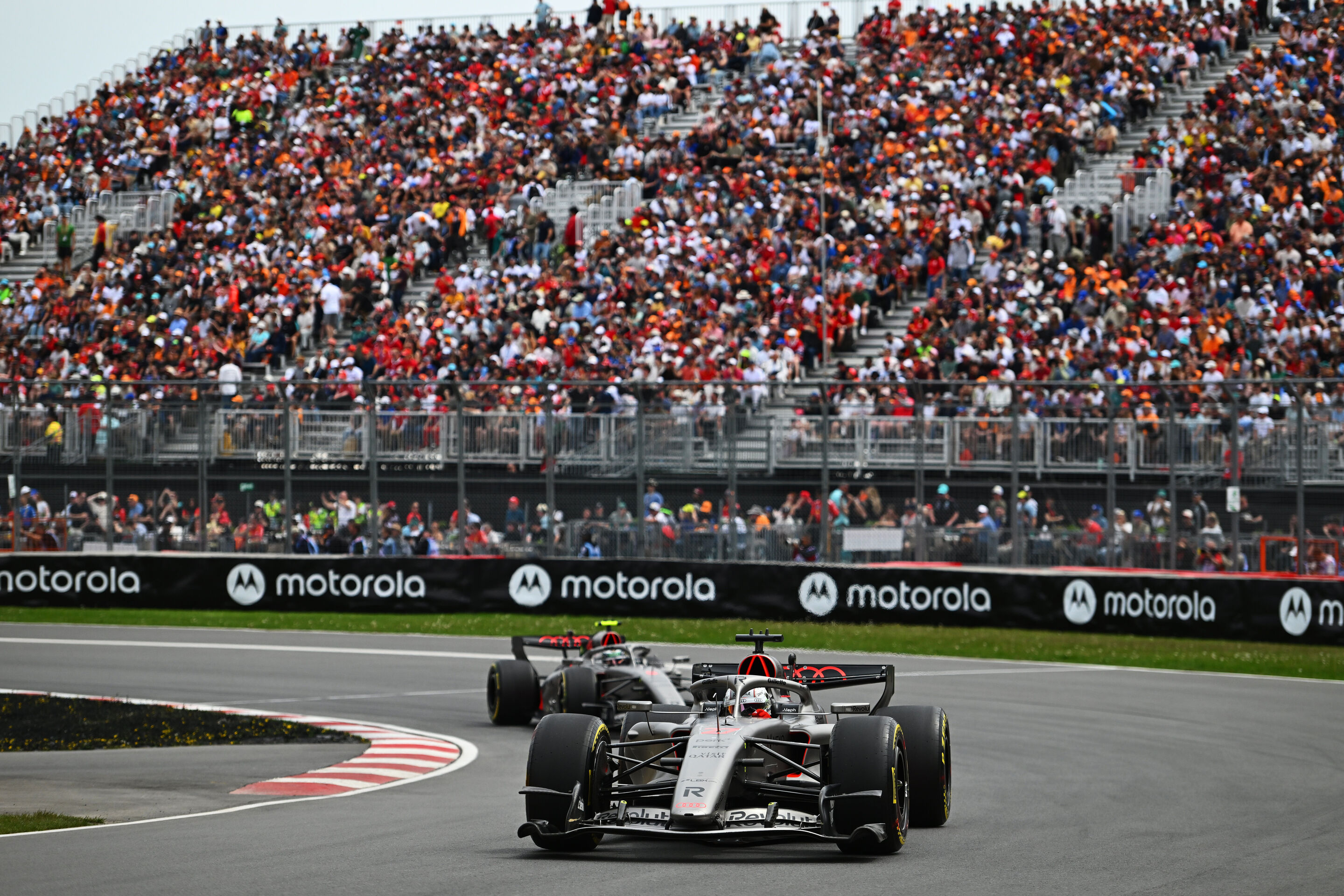 F1 Grand Prix of Canada - Sprint & Qualifying - MONTREAL, QUEBEC - MAY 23: Nico Hulkenberg of Germany driving the (27) Audi F1 Team R26 leads Gabriel Bortoleto of Brazil driving the (5) Audi F1 Team R26 on track during the Sprint ahead of the F1 Grand...