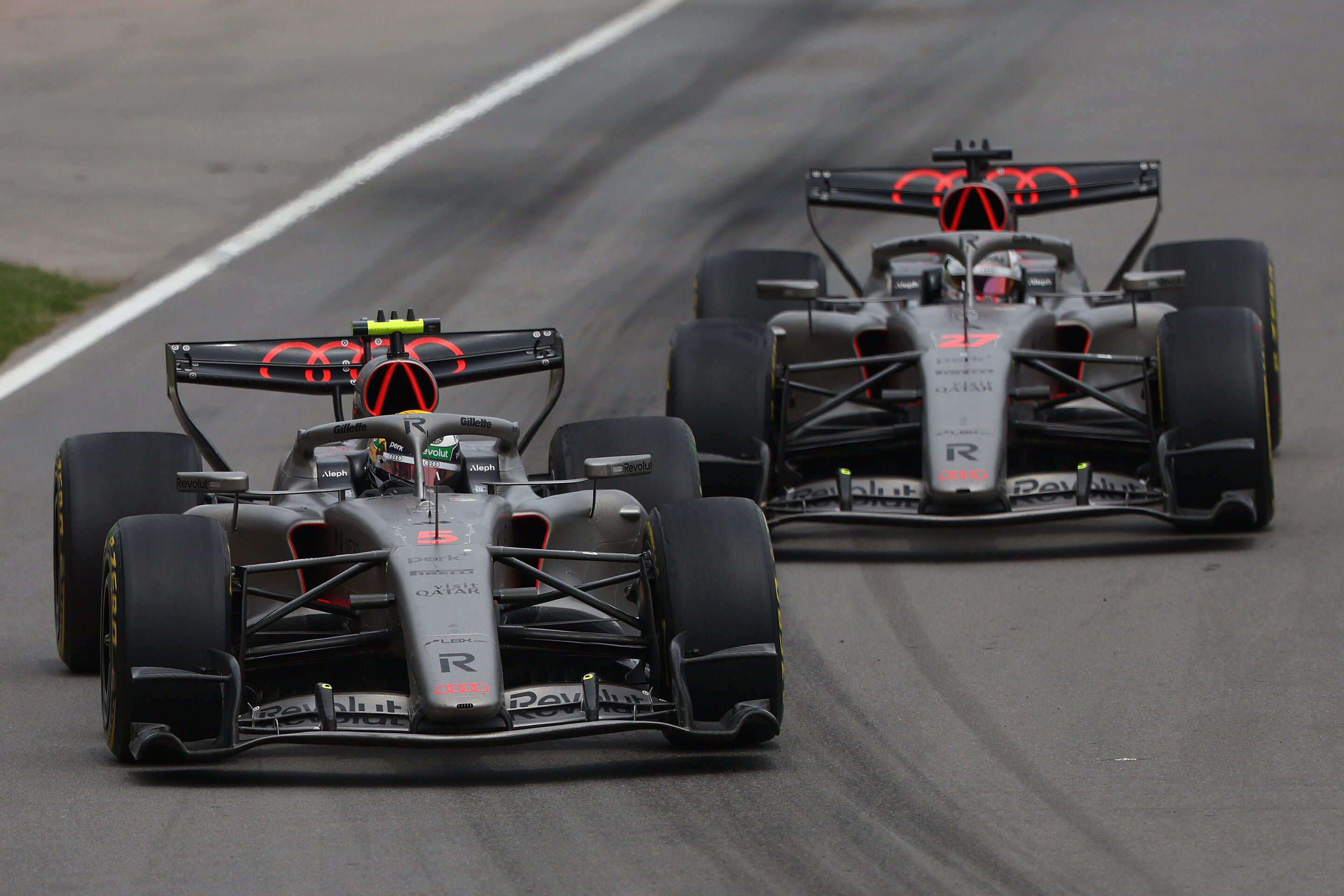 F1 Grand Prix of Canada - Sprint & Qualifying - MONTREAL, QUEBEC - MAY 23: Gabriel Bortoleto of Brazil driving the (5) Audi F1 Team R26 leads Nico Hulkenberg of Germany driving the (27) Audi F1 Team R26 on track during the Sprint ahead of the F1 Grand...
