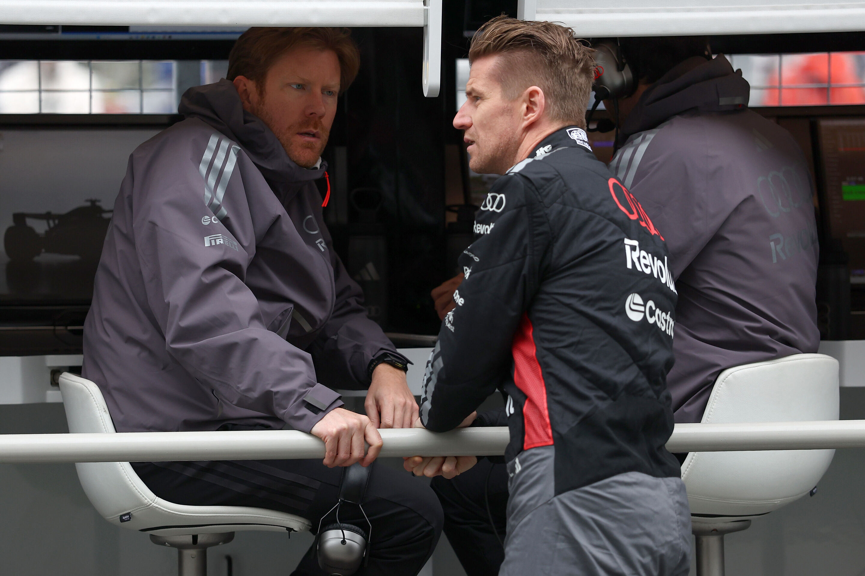 F1 Grand Prix of Canada - MONTREAL, QUEBEC - MAY 24: Steven Petrik, Race Engineer of Audi F1 Team talks with Nico Hulkenberg of Germany and Audi F1 Team in the Pitlane prior to the F1 Grand Prix of Canada at Circuit Gilles-Villeneuve on May 24, 2026 in...