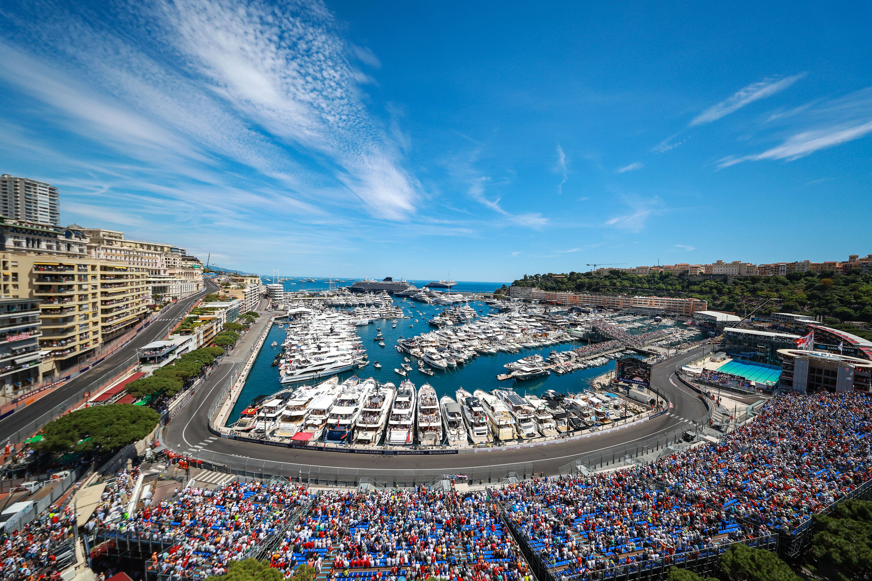 2216960478 - MONTE-CARLO, MONACO - MAY 25: Aerial view of Port Hercule and a grandstand during the F1 Grand Prix of Monaco at Circuit de Monaco on May 25, 2025 in Monte-Carlo, Monaco. (Photo by Jayce Illman/Getty Images)